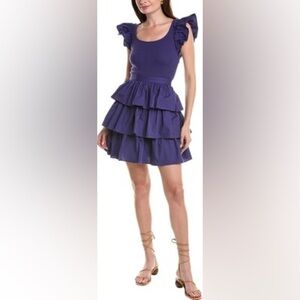 RACHEL PARCELL Ruffle Poplin Mini A Line Dress in Navy Blue Purple size 6 NWT